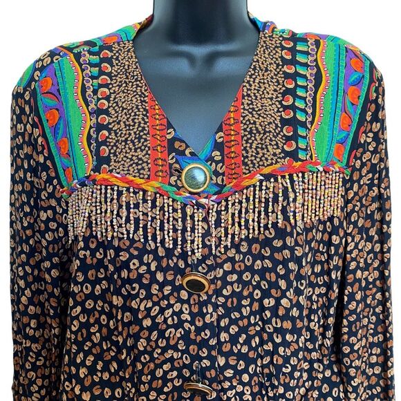 Vintage Carole Little Two Piece Bohemian Pantsuit Beaded Large Buttons 90s Sz 8 - Picture 4 of 16